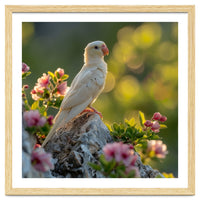 Albino Parrot Perched On A Rock Amongst Flowers