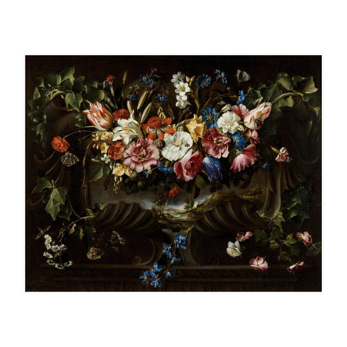 Juan de Arellano / 'Garland of Flowers with Landscape', 1652, Spanish School. (Print Only)