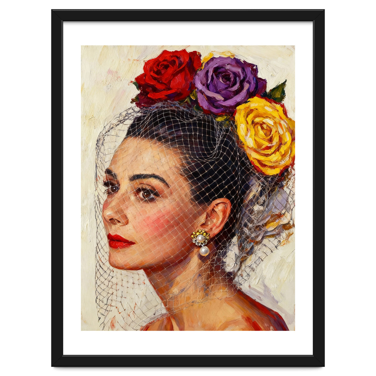 Audrey Hepburn, Impasto Floral Veil Portrait, Classic Hollywood Oil Painting,