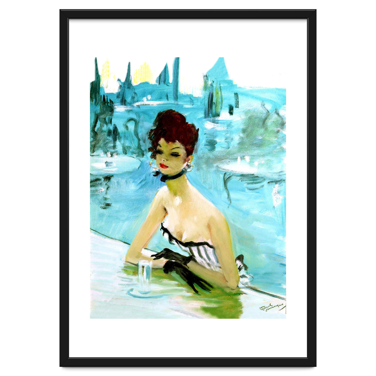 Pinup Girl In Cafe, Watercolor Painting