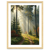 The Golden Path: Ethereal Sunbeams Piercing Through a Misty Evergreen Forest at Dawn thumbnail