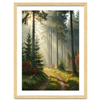 The Golden Path: Ethereal Sunbeams Piercing Through a Misty Evergreen Forest at Dawn