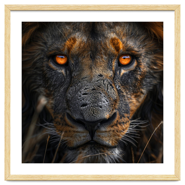 Majestic Lion Face Intense Orange Eyes Close Up
