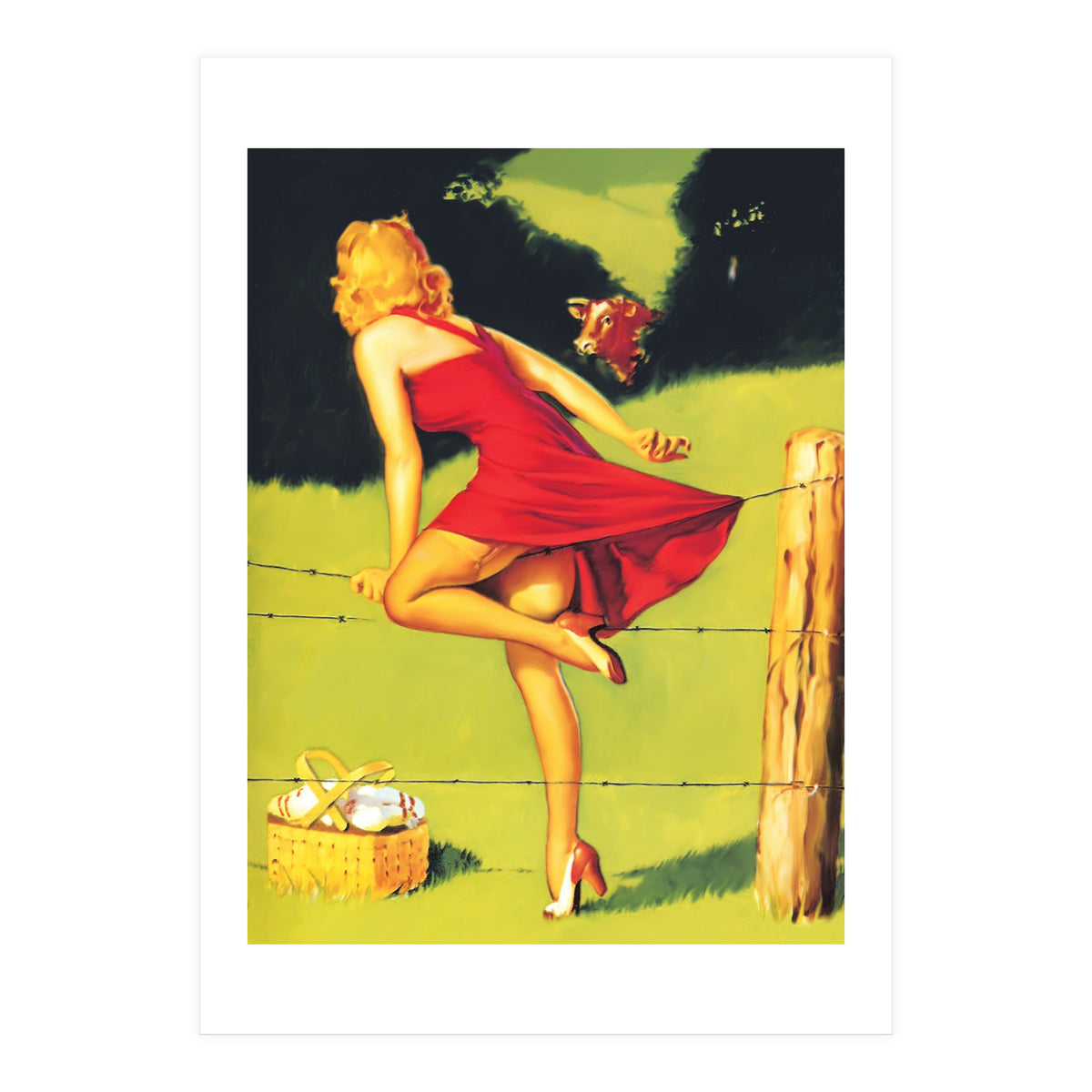 Pinup Girl In Red Dress Crossing The Barbed Wire While Looking At The Bull (Print Only)