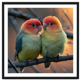 Two Lovebirds Perched On A Branch At Sunset thumbnail