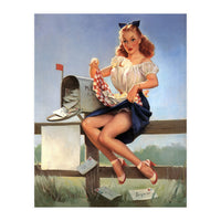 Countryside Pinup Girl Posing On A Fence With Love Letters And A Full Mailbox (Print Only)