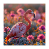 Pink Flamingo Standing In A Field Of Flowers (Print Only)