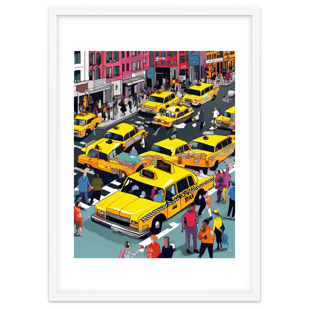 New York Minute, Yellow Taxi Cab Manhattan Downtown Busy Street, Traffic People Buildings Times Square Eclectic Road Architecture