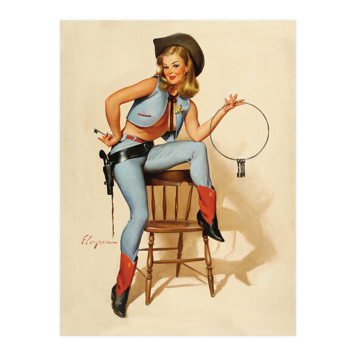 Pinup Cowgirl With A Key (Print Only)