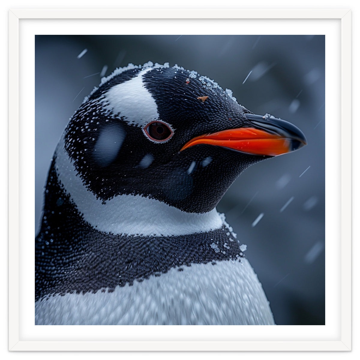 Close Up Penguin Portrait In Snowy Weather