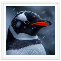 Close Up Penguin Portrait In Snowy Weather