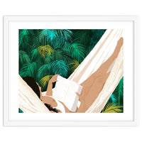 Summer Hammock Reading, Tropical Jungle Travel, Watercolor Nature Bohemian Forest Plants, Palm Beach