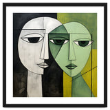 DYNAMIC FUSION, Two abstract heads converge - vibrant green tones intertwine with cool grey hues, a dance of contrast and connection. thumbnail