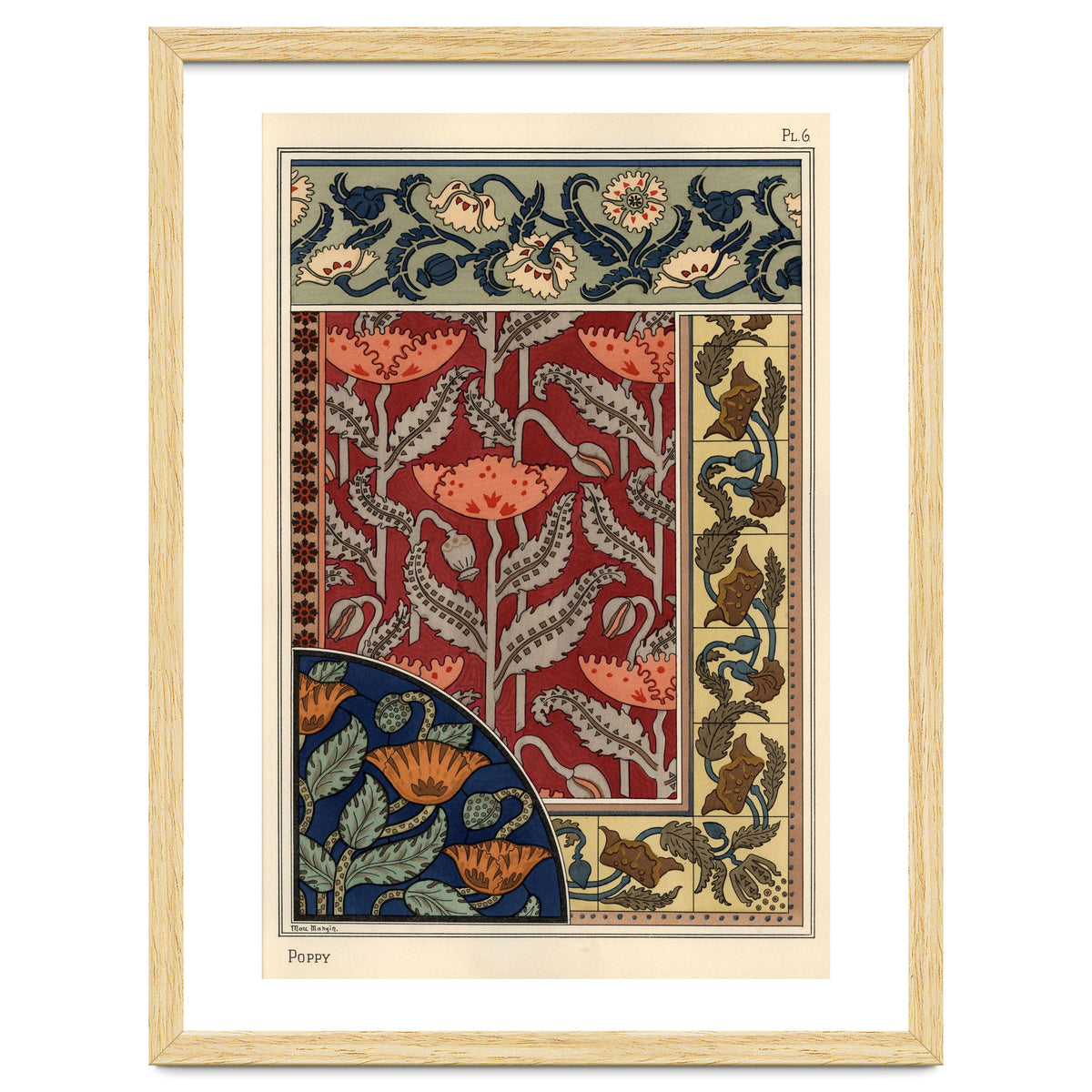 The poppy, Papaver somniferum, in stained glass, wallpaper, fabric and tile patterns. Lithograph ...