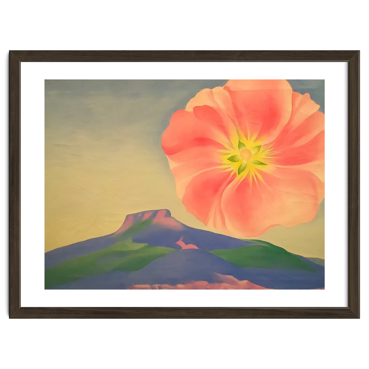 Georgia O’Keeffe – Hollyhock Pink with Pedernal (1937) | Vibrant Modernist Floral Landscape of New Mexico