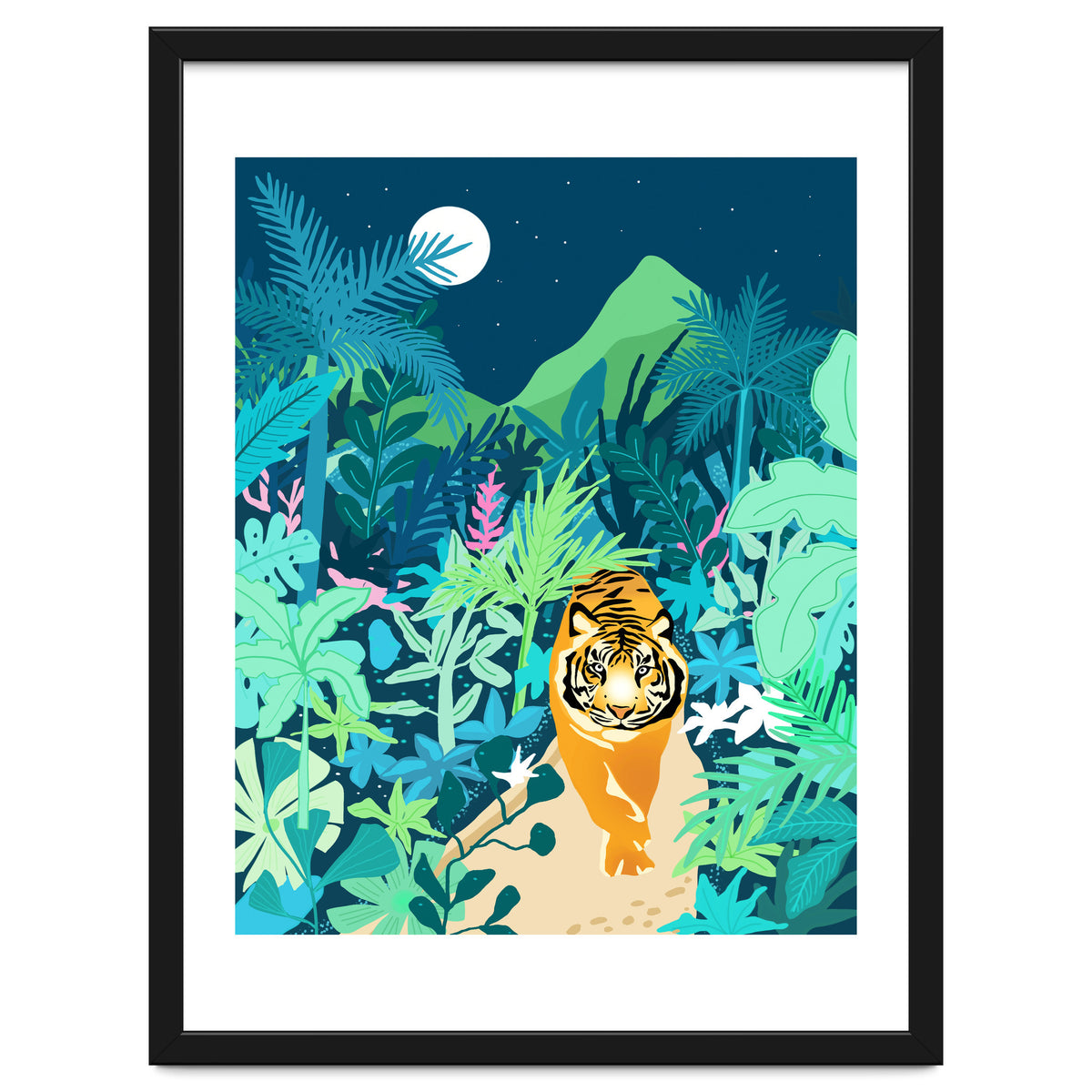 Tiger Walk, Bohemian Jungle Maximalist Nature, Botanical Forest Plants Moon Wild Animals