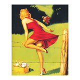 Pinup Girl In Red Dress Crossing The Barbed Wire While Looking At The Bull (Print Only) thumbnail