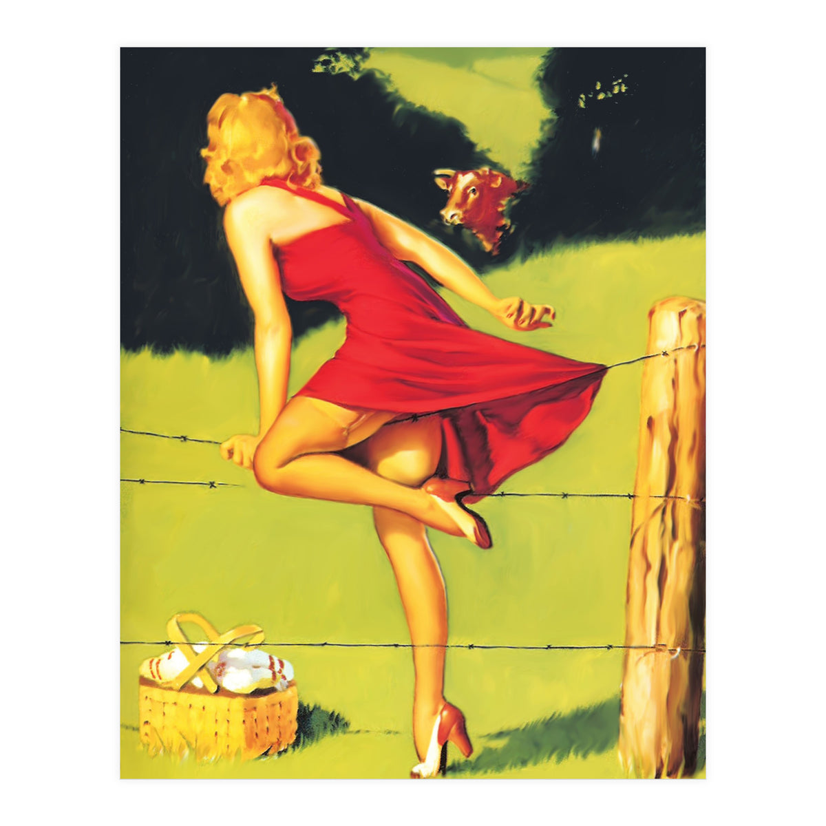 Pinup Girl In Red Dress Crossing The Barbed Wire While Looking At The Bull (Print Only)