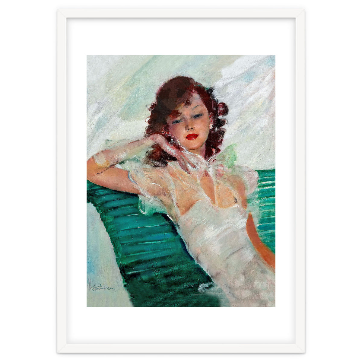 Girl Is Resting On A Green Bench, Watercolor Painting