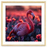 Pink Flamingo Bird Standing Among Flowers At Sunset thumbnail