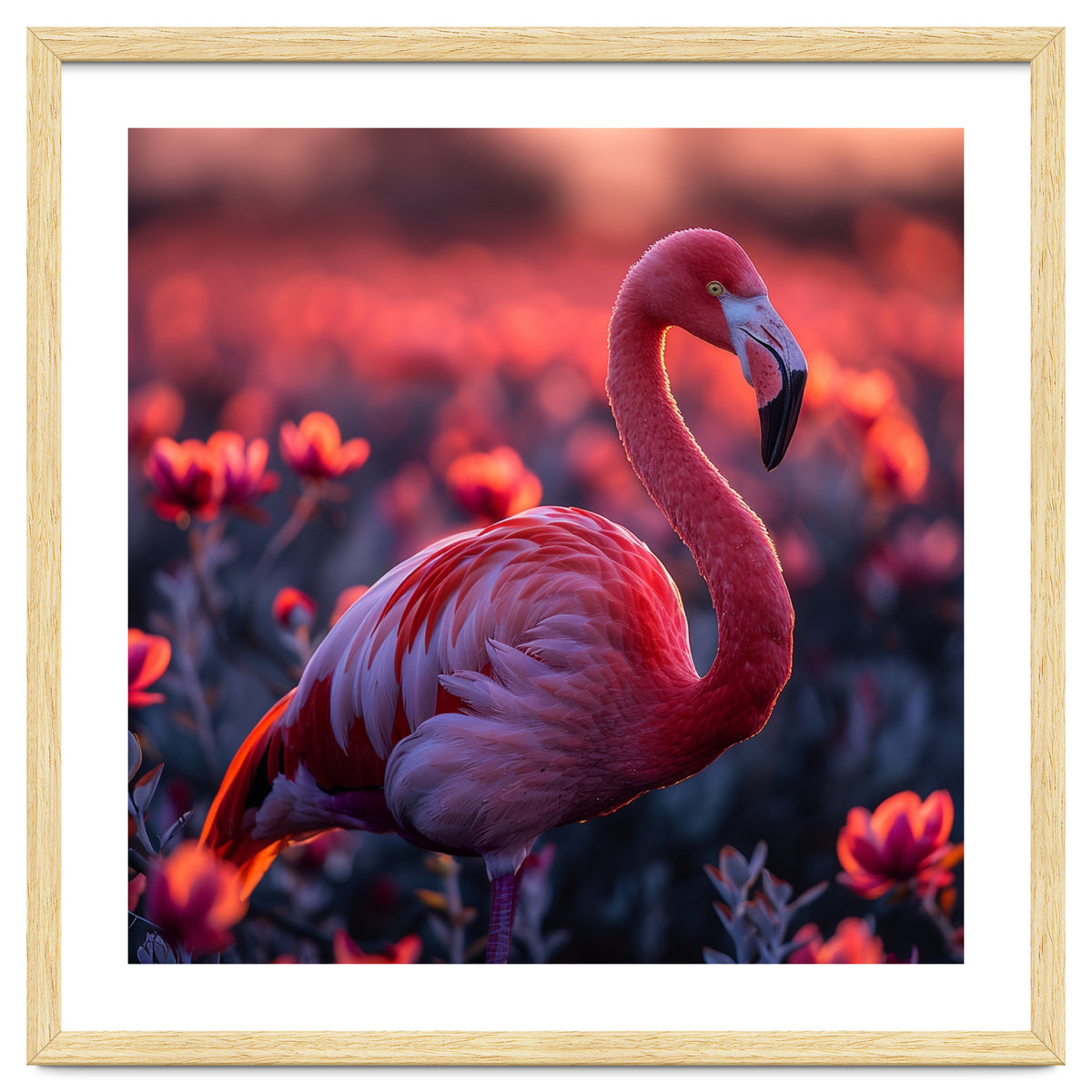 Pink Flamingo Bird Standing Among Flowers At Sunset
