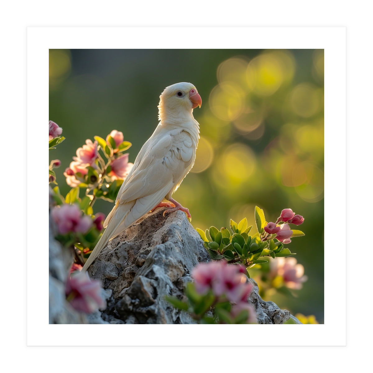 Albino Parrot Perched On A Rock Amongst Flowers (Print Only)