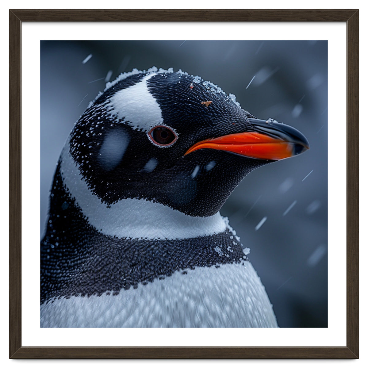 Close Up Penguin Portrait In Snowy Weather