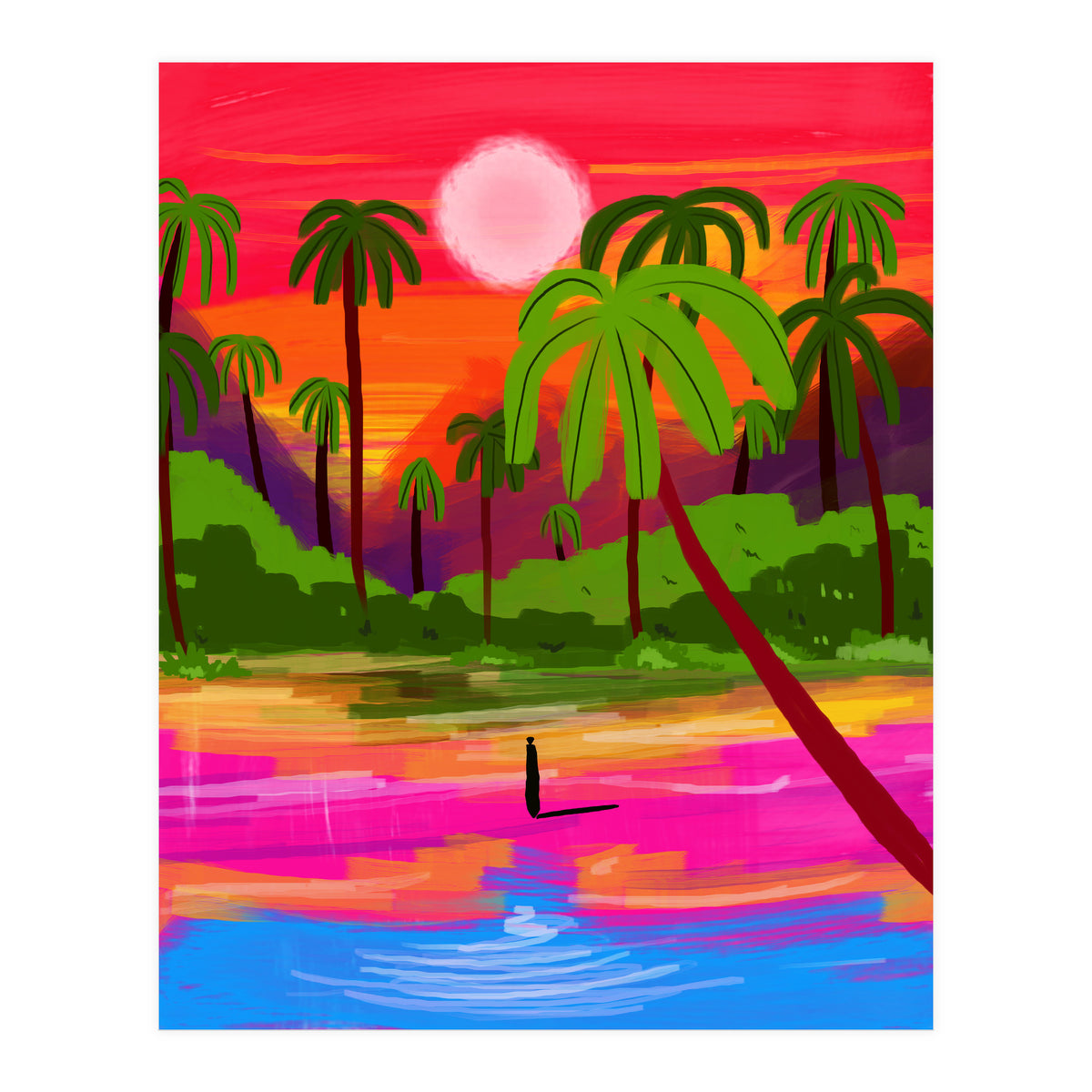My Shadow & I, Sunset Painting Lake Beach Seashore, Tropical Nature Landscape Colorful Bohemian Traditional, Travel Concept Companion (Print Only)