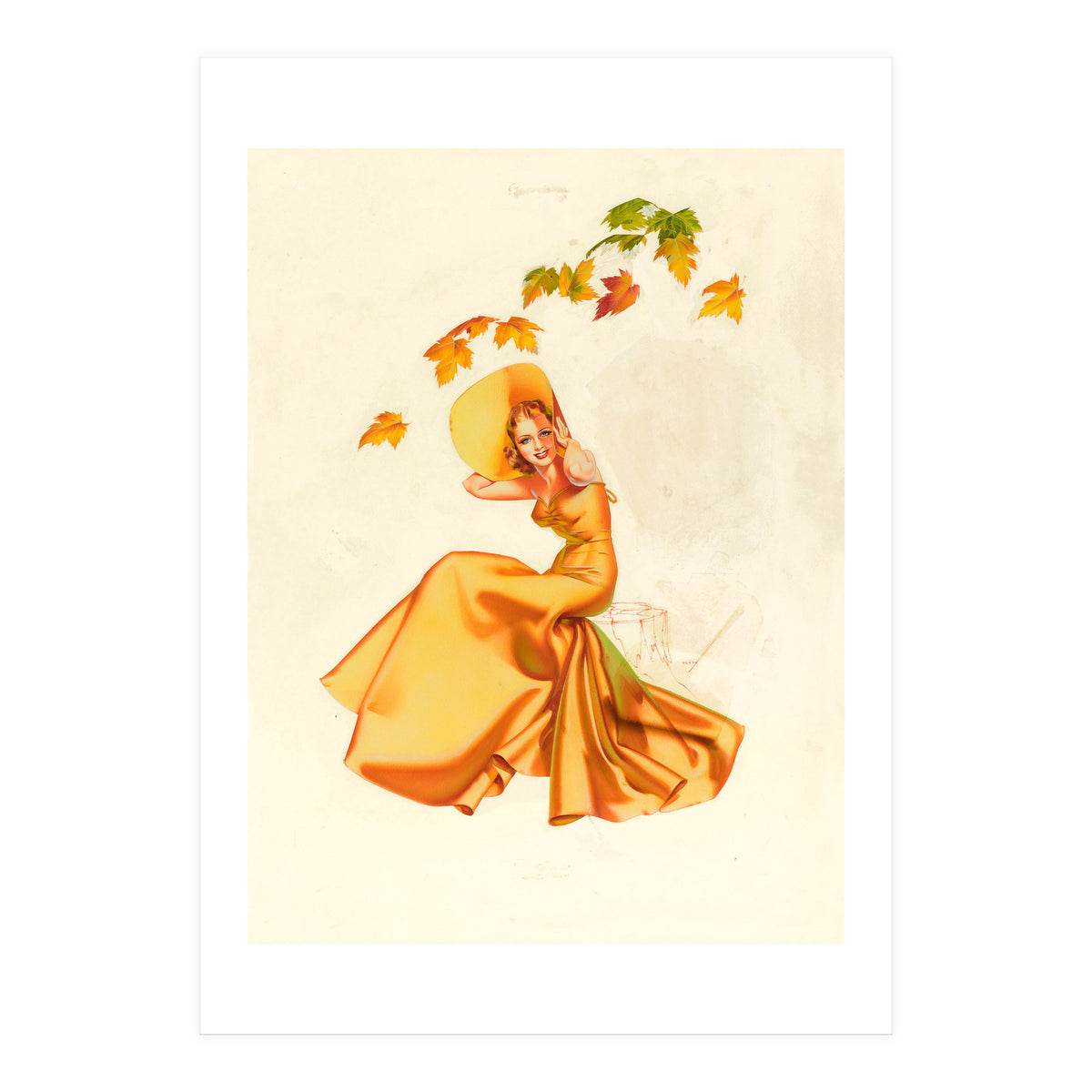 Woman Posing In Yellow Dress And Autumn Leafs (Print Only)
