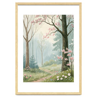 Enchanted Spring Woodland Path with Blooming Cherry Blossoms and Misty Pastel Forest Atmosphere