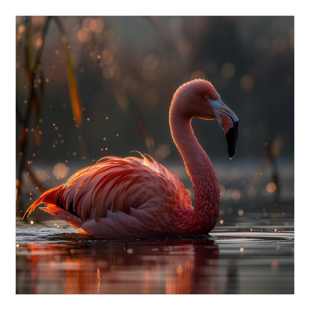 Pink Flamingo Swimming In Sunlight Water (Print Only)