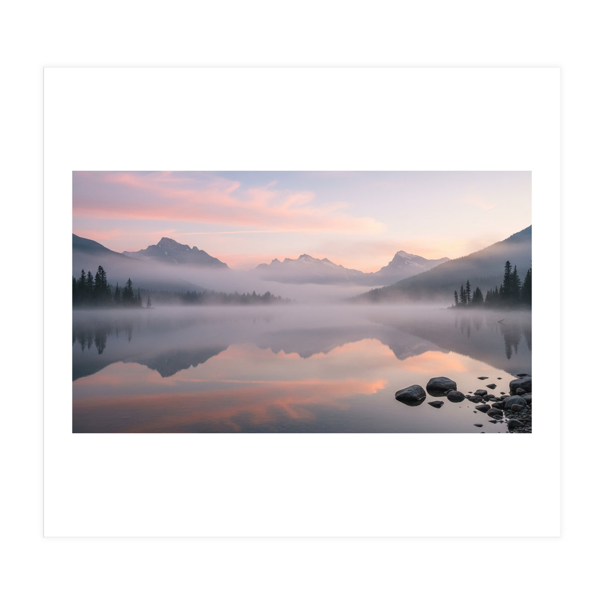 Misty Morning Reflection: Serene Alpine Lake (Print Only)