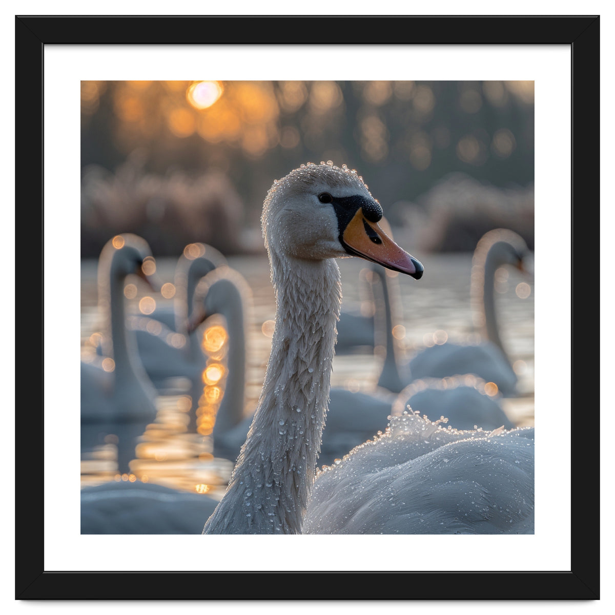 Close Up Of Swan With Water Droplets At Sunrise
