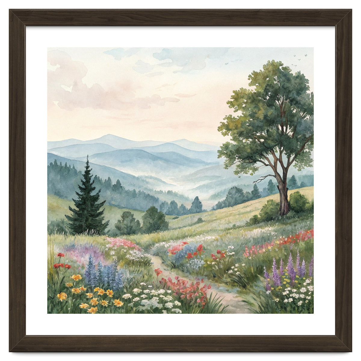 Serene Mountain Meadow Watercolor Landscape