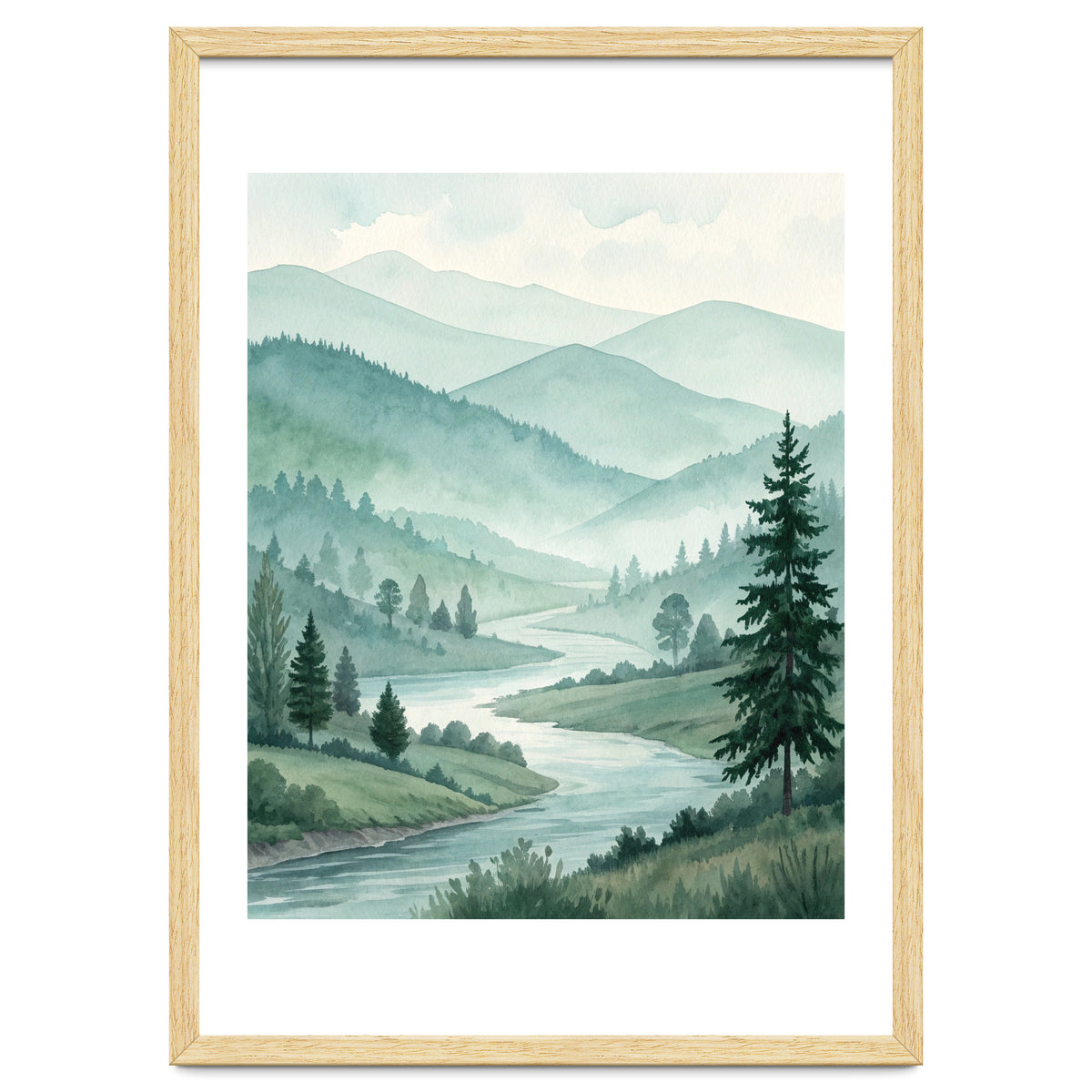 Serene Misty Mountain Valley Watercolor Painting