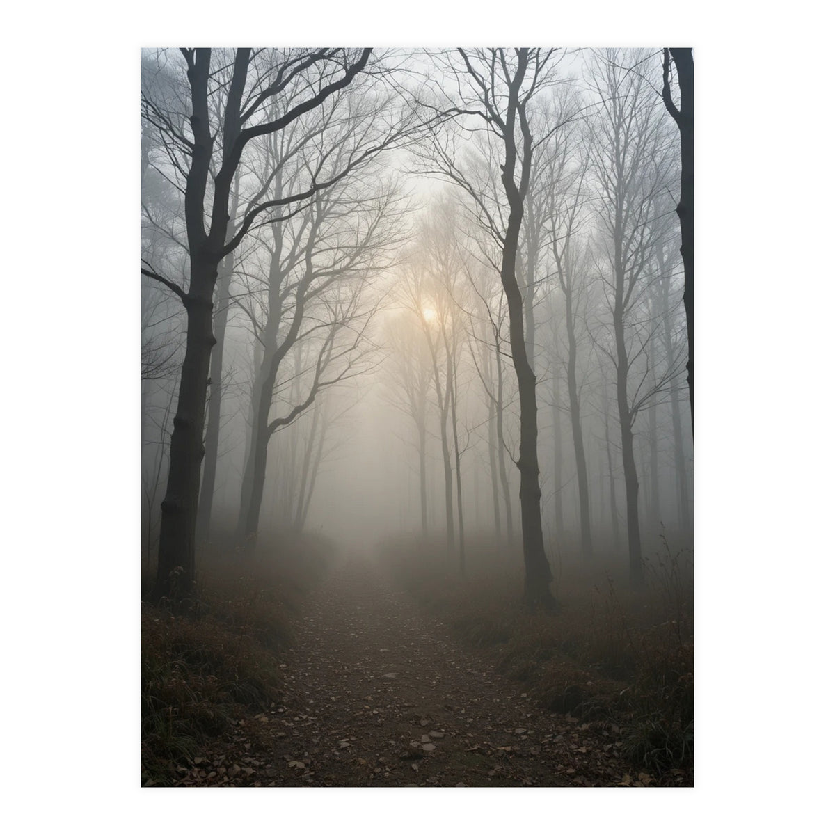 Ethereal Morning Light Breaking Through Dense Forest Fog (Print Only)
