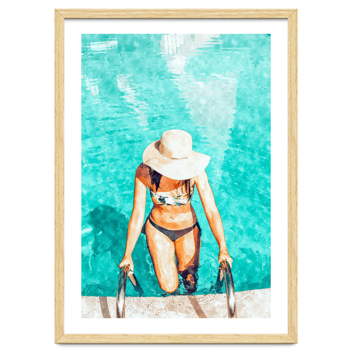 Pool Fashion | Modern Bohemian Woman Swim Watercolor Painting | Contemporary Travel