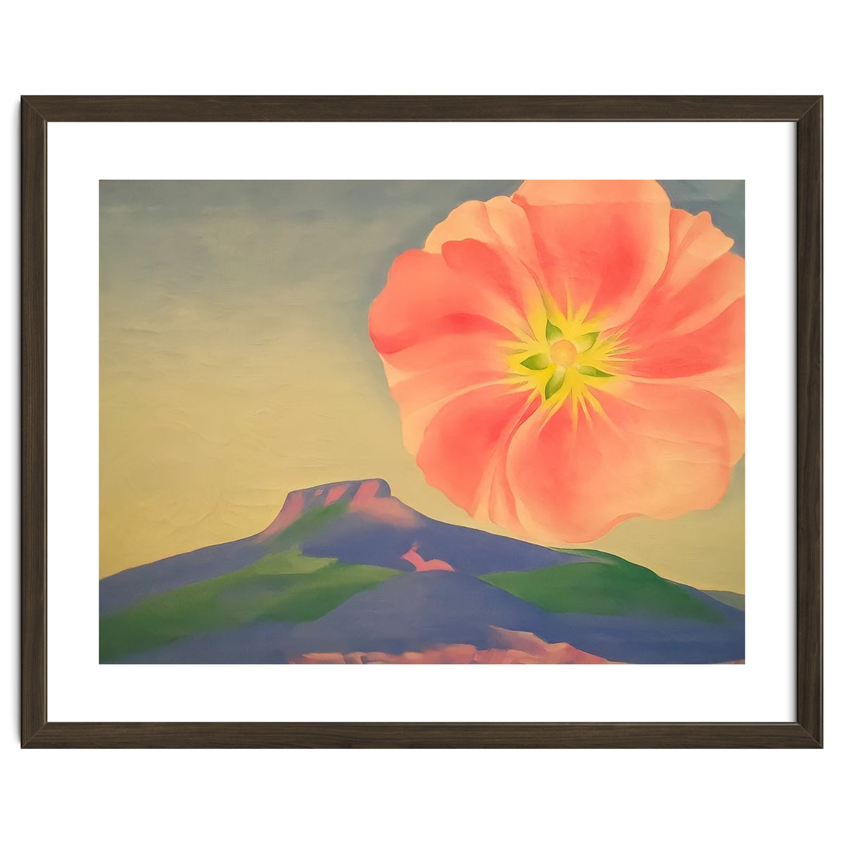 Georgia O’Keeffe – Hollyhock Pink with Pedernal (1937) | Vibrant Modernist Floral Landscape of New Mexico