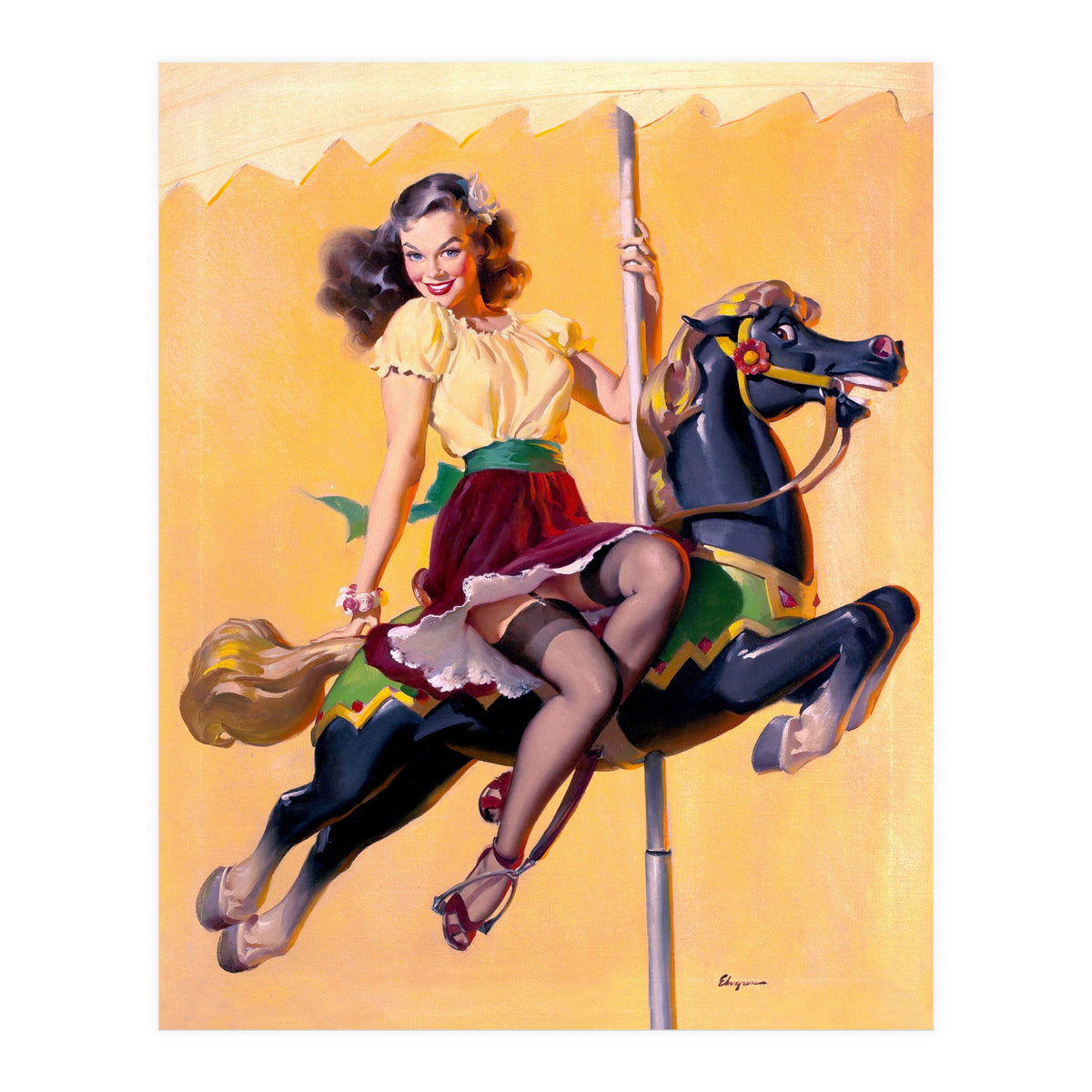 Pinup Sexy Girl Riding A Wooden Horse (Print Only)