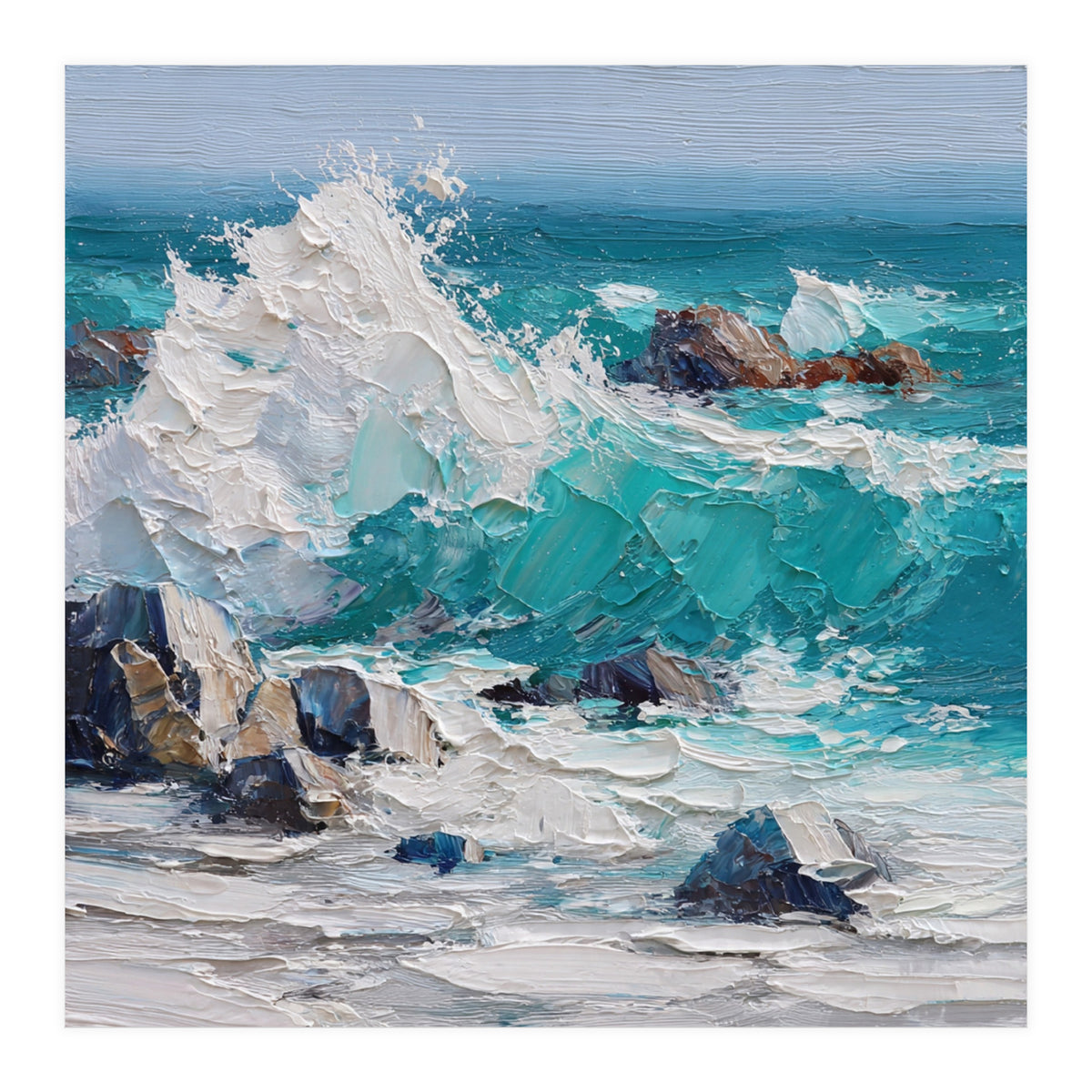 Dynamic Crashing Turquoise Ocean Wave Against Rugged Coastal Rocks (Print Only)