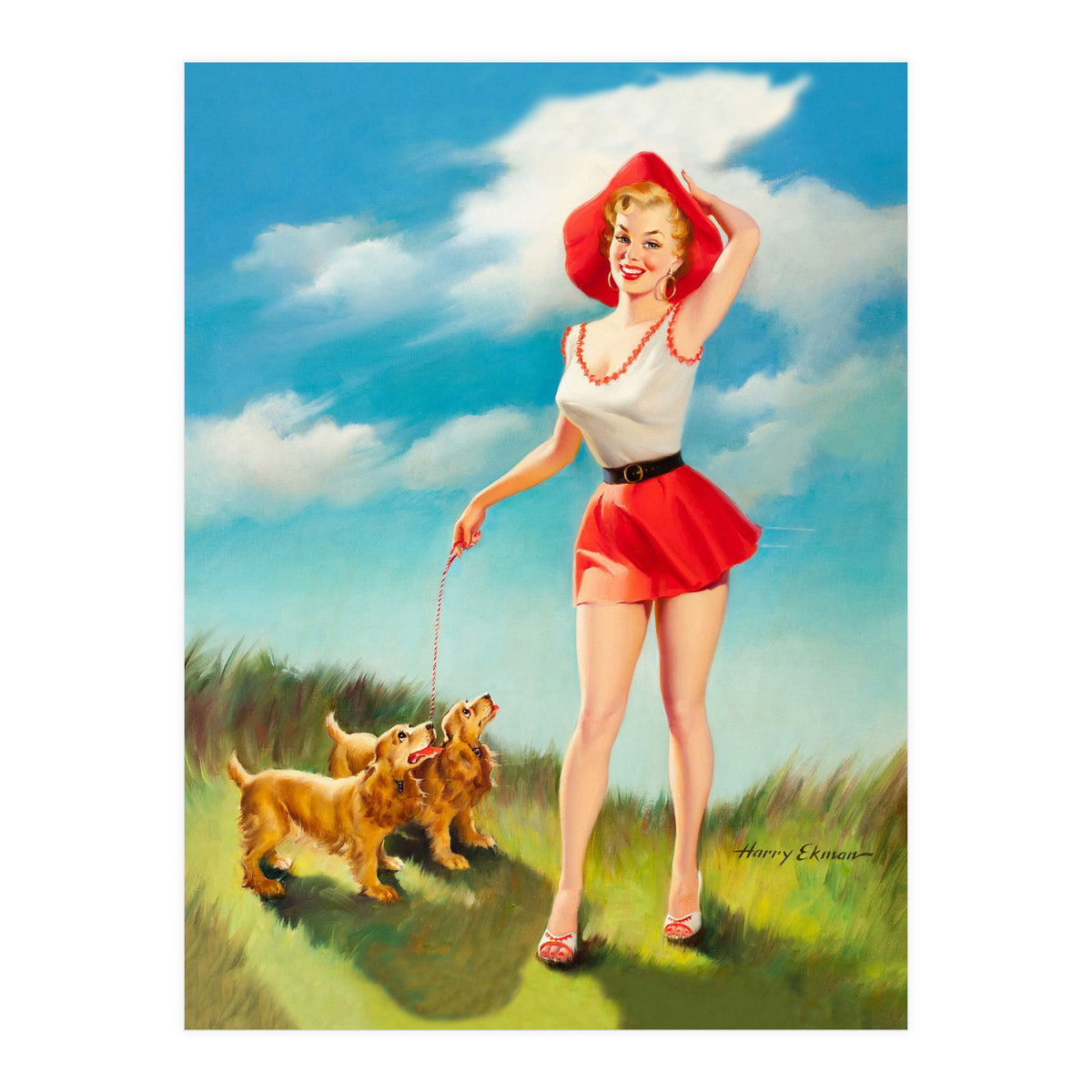 Pinup Girl In Little Red Dress And Two Dogs (Print Only)