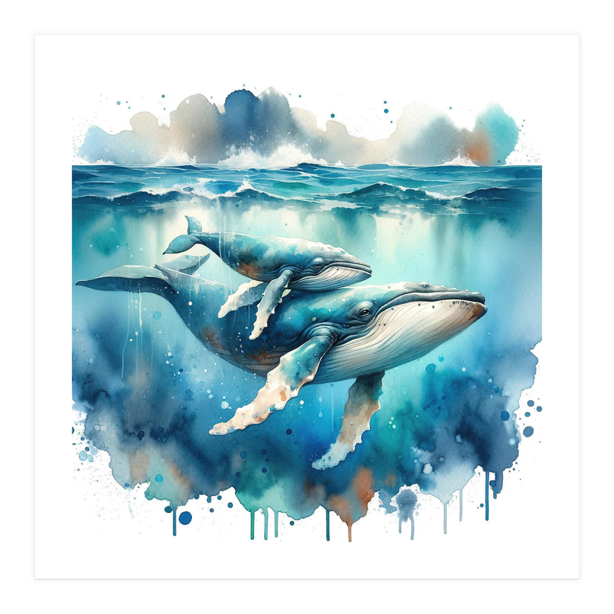 Mother And Calf Whales Watercolor (Print Only)
