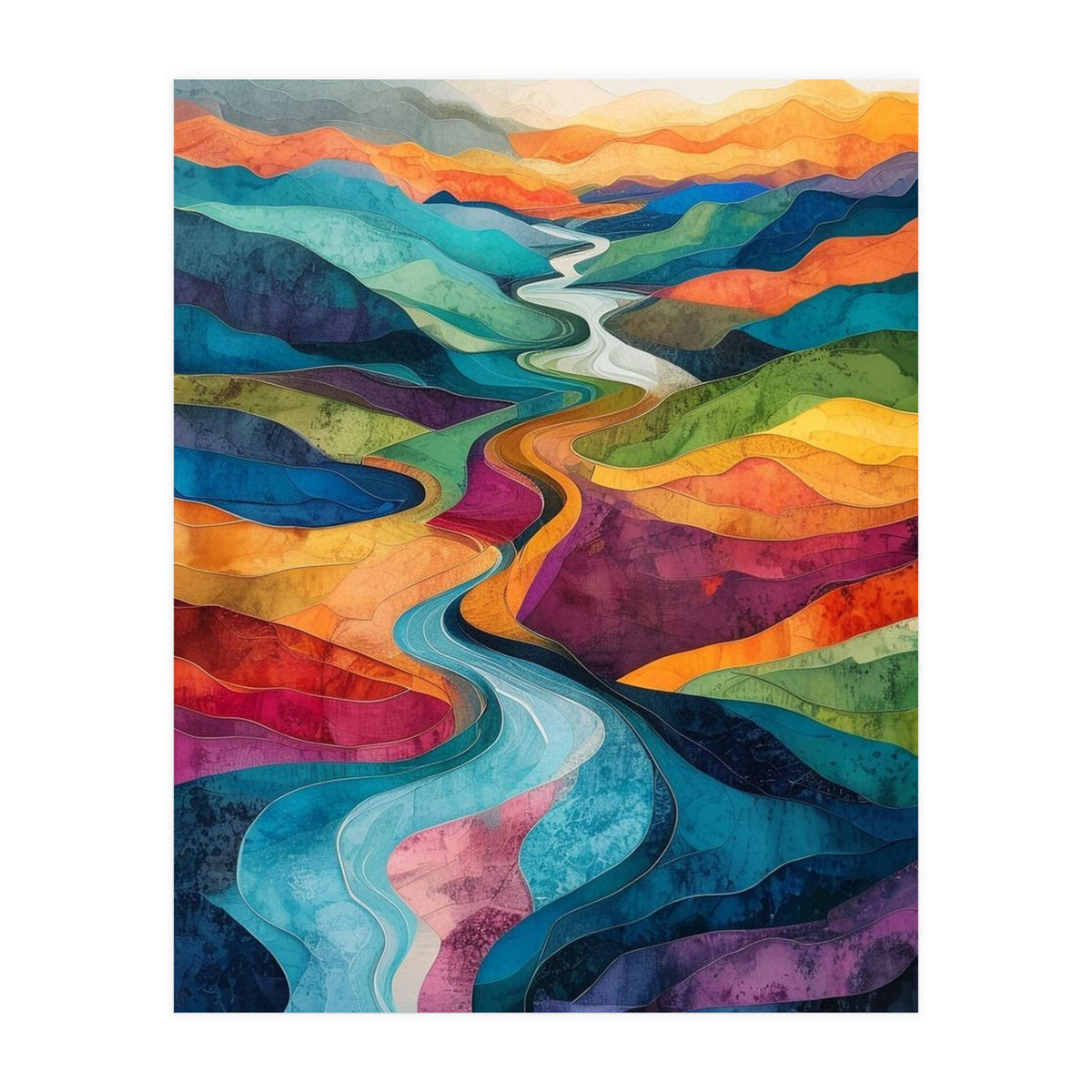 Colorful Abstract River Valley Landscape Art (Print Only)