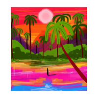 My Shadow & I, Sunset Painting Lake Beach Seashore, Tropical Nature Landscape Colorful Bohemian Traditional, Travel Concept Companion (Print Only)