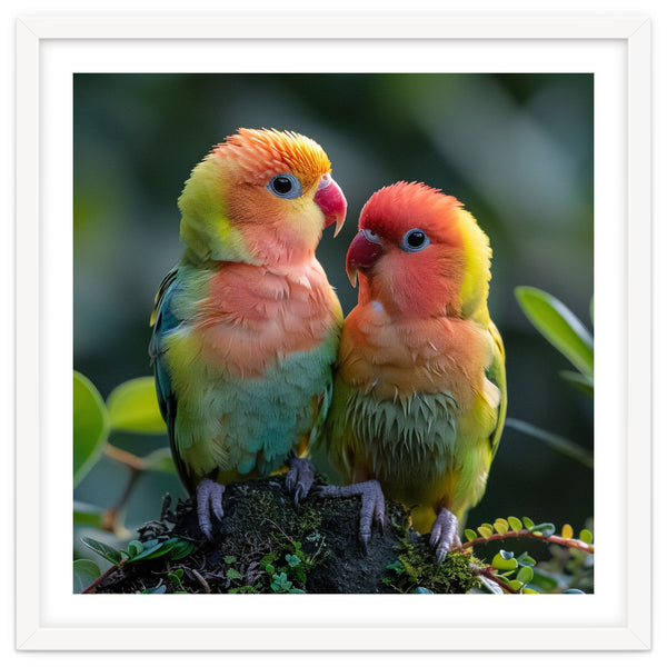 Lovebirds Pair Perched On Mossy Branch Outdoors