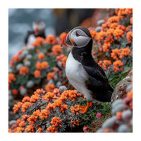 Atlantic Puffin Bird Perched On Orange Flowers (Print Only)