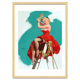 Sexy Pinup Girl In Red Dress Posing On a Ladder thumbnail