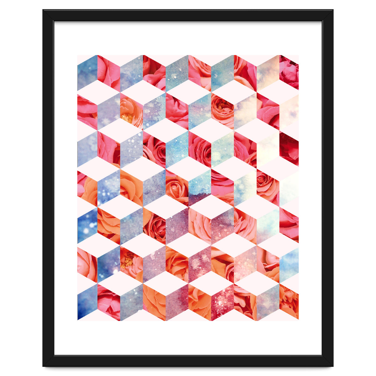 Eve's Sweet Garden of Roses, Geometrical Eclectic Shapes Digital Collage, Surrealism Floral illusion