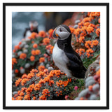 Atlantic Puffin Bird Perched On Orange Flowers thumbnail