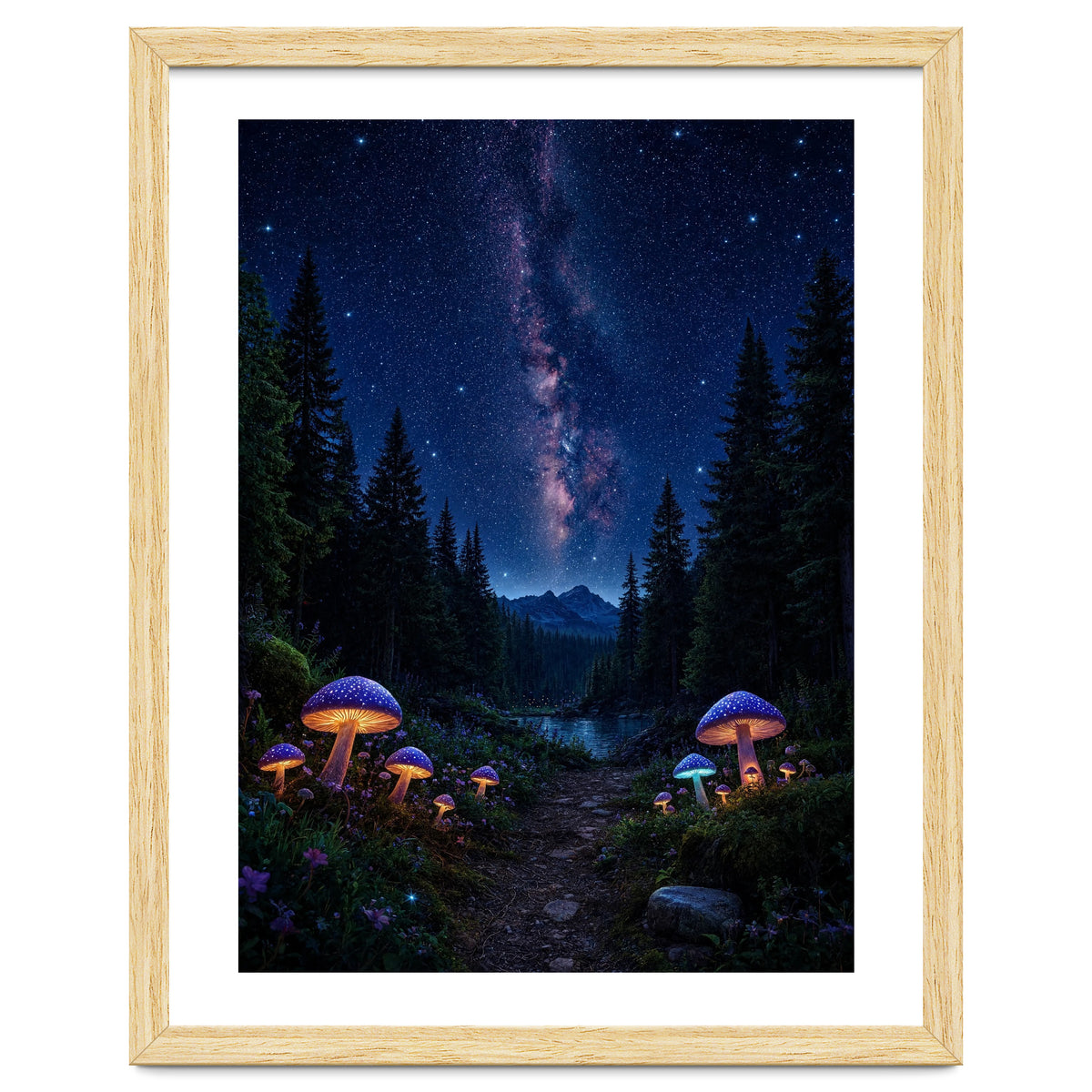 Enchanted Midnight Forest: Glowing Mushrooms and Milky Way